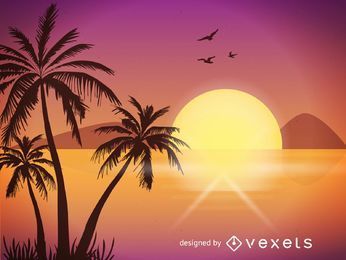 Ilustración de playa al atardecer