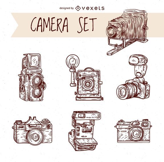 Vintage hand drawn cameras set Vintage hand drawn cameras set