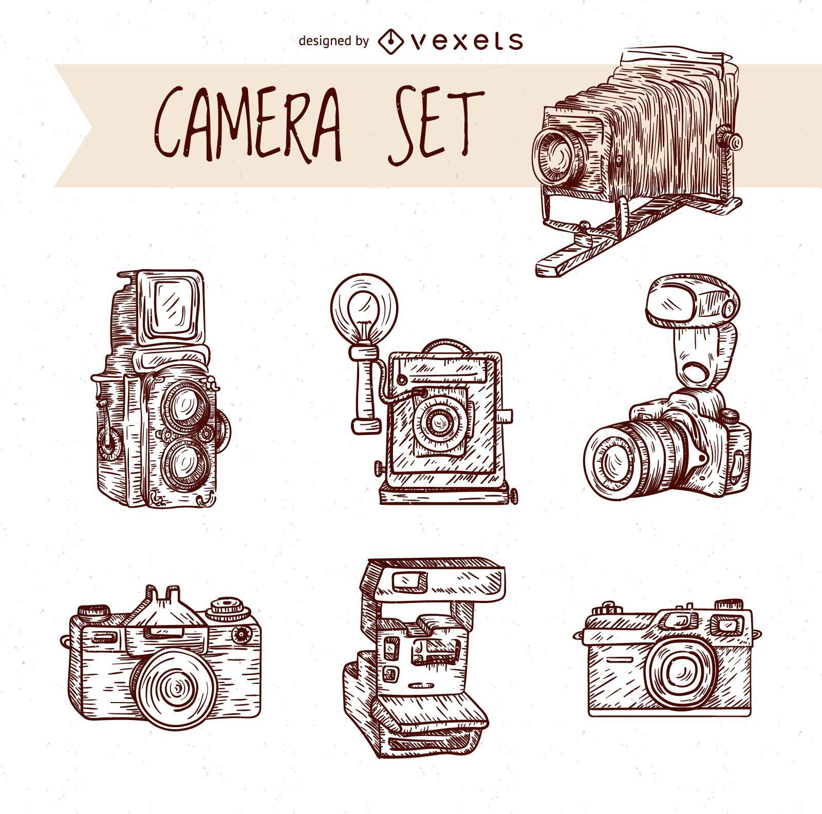 Vintage hand drawn cameras set