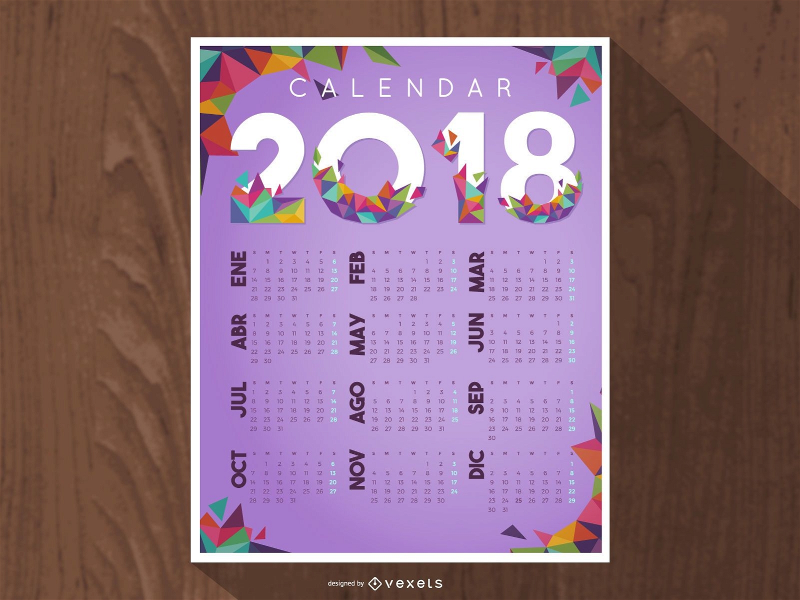 Diseño de calendario 2018 con polígonos.