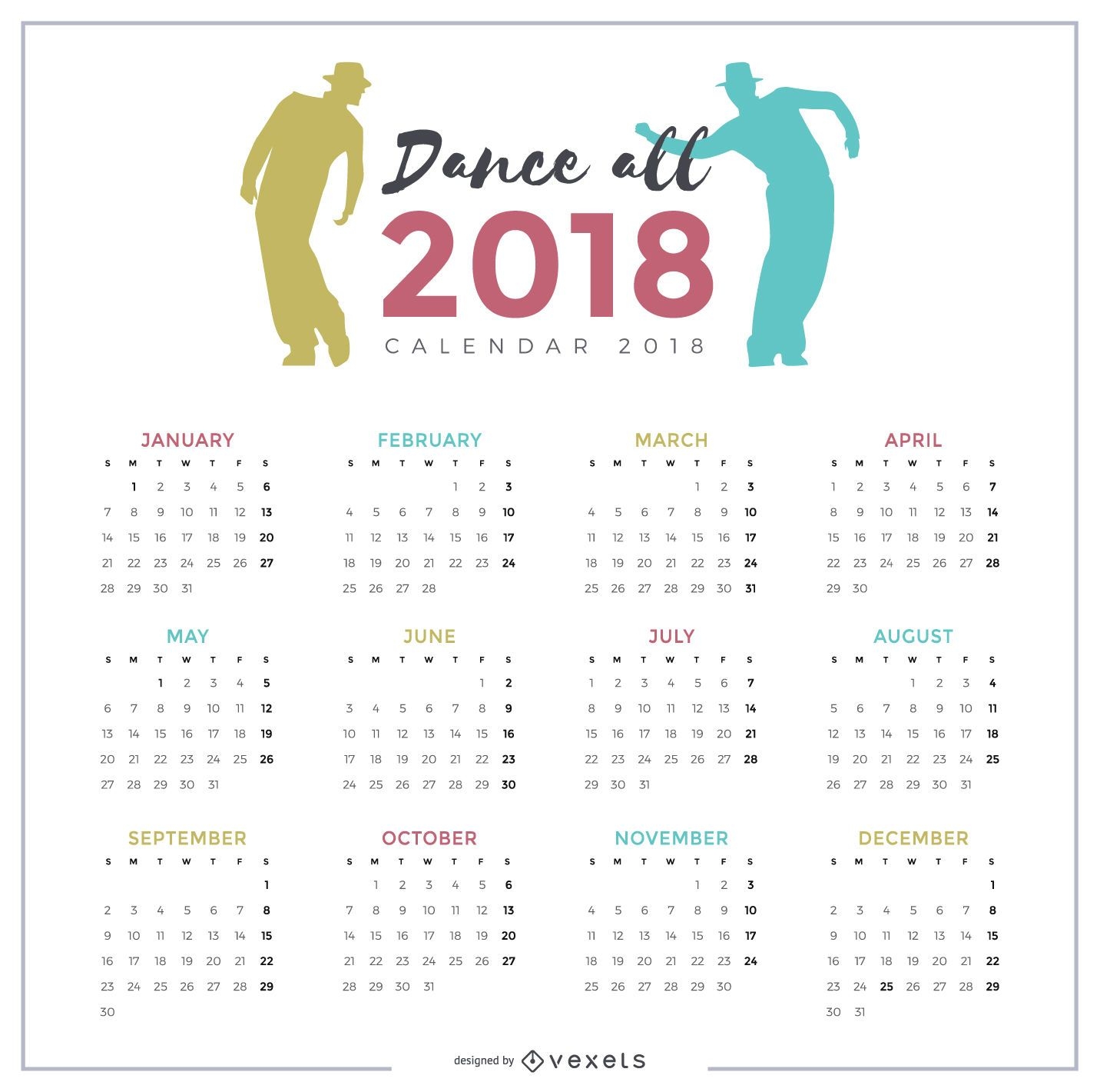 Diseño de calendario bailando 2018
