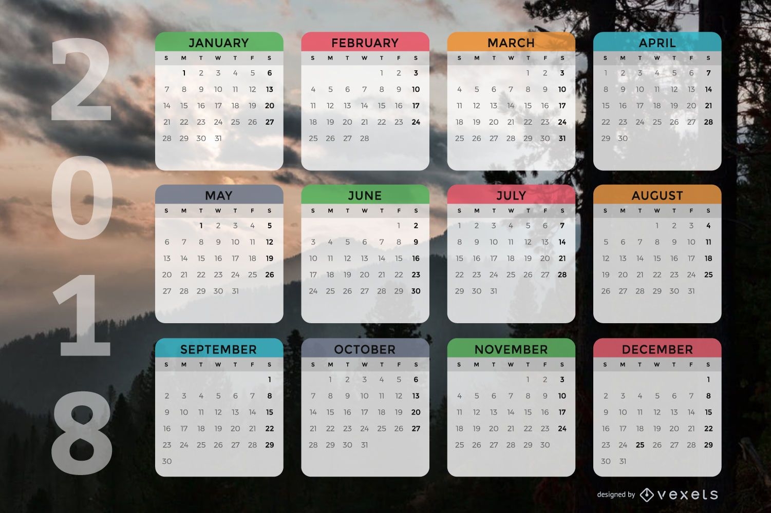 Diseño de calendario mensual 2018