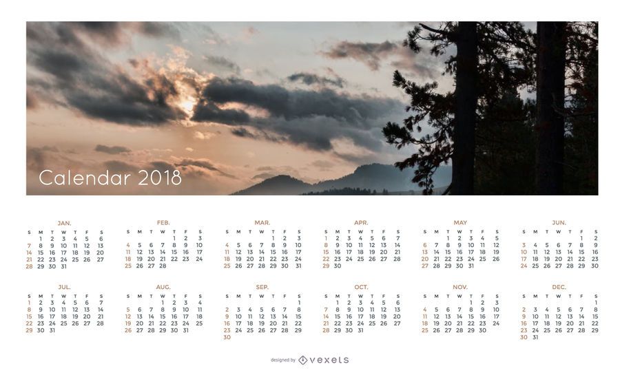 Calendário simples de 2018 com paisagem Calendário simples de 2018 com paisagem