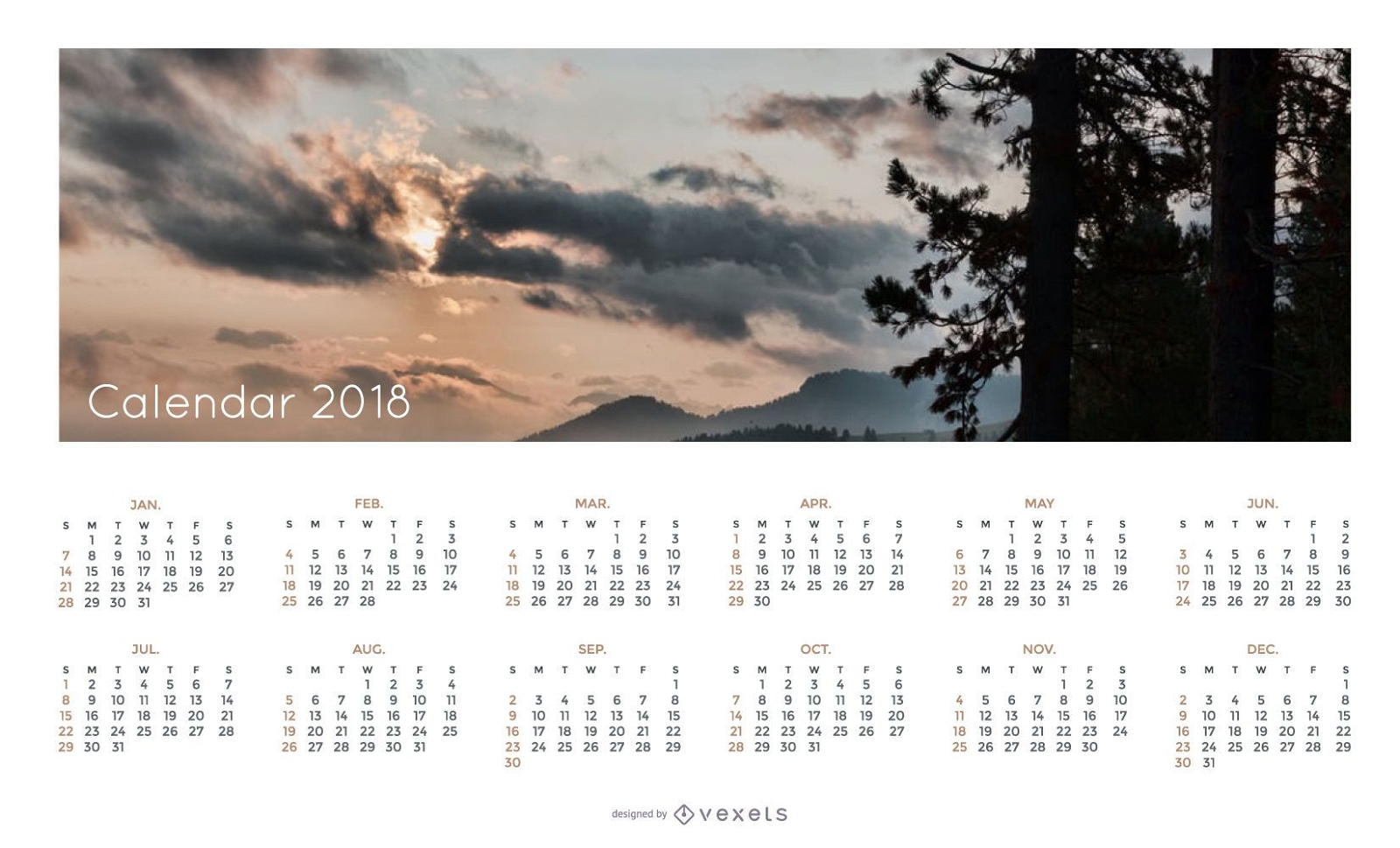 Simple 2018 Calendar with landscape