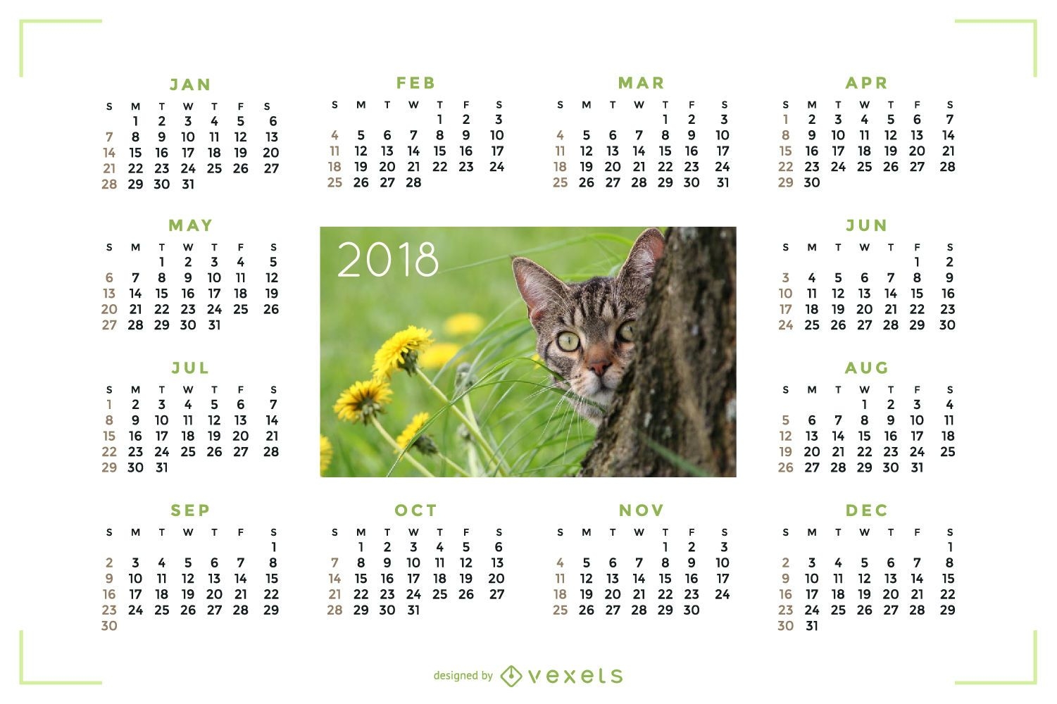 Calendário 2018 com imagem de gato