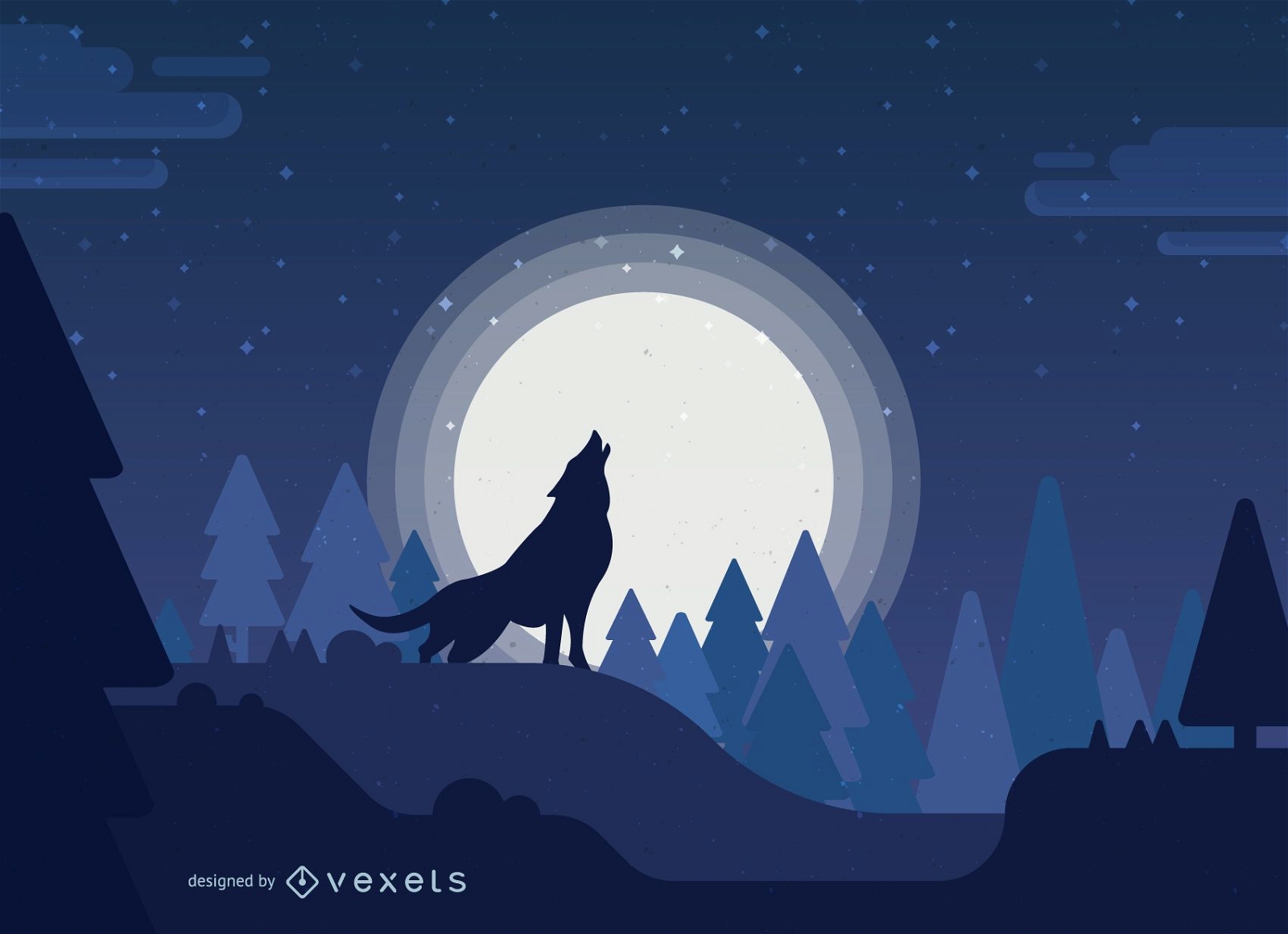 Wolf howling to a full moon illustration
