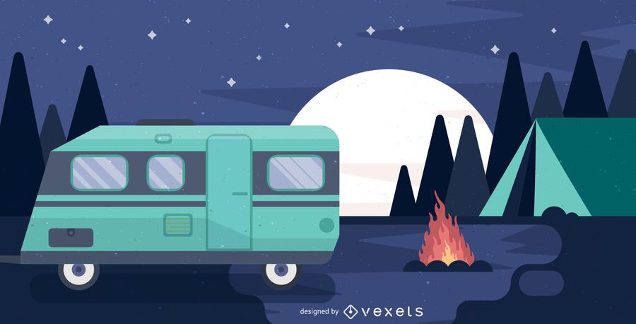 Camping con ilustración de autocaravana. Camping con ilustración de autocaravana.