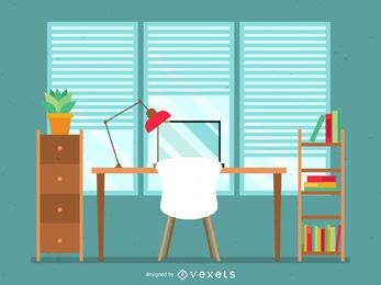 Flat office desk illustration in green and brown