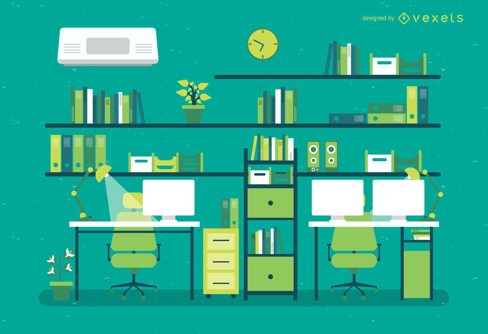 Flat office illustration with desks