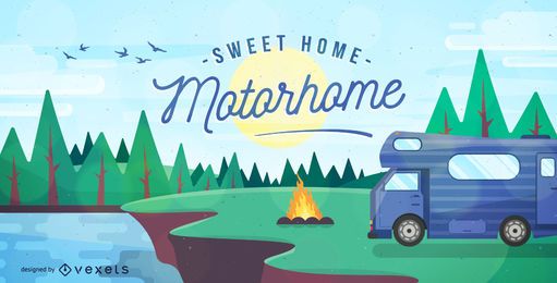 Camping com ilustração de autocaravana