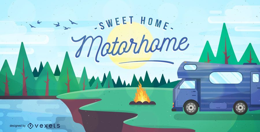 Camping with motorhome illustration Camping with motorhome illustration