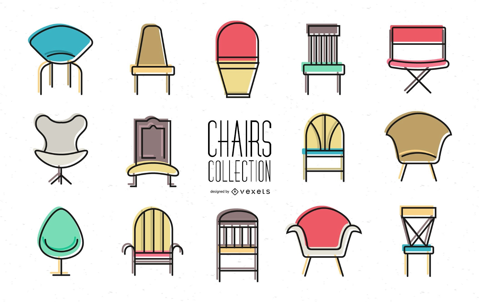 conjunto, de, colorido, silla, iconos