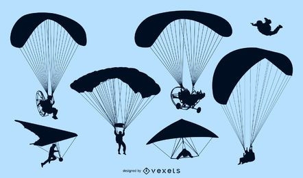 Set of parachutes and skydivers silhouettes