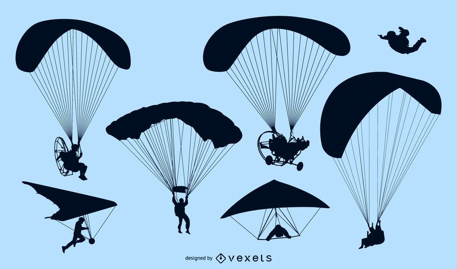 Set of parachutes and skydivers silhouettes Set of parachutes and skydivers silhouettes