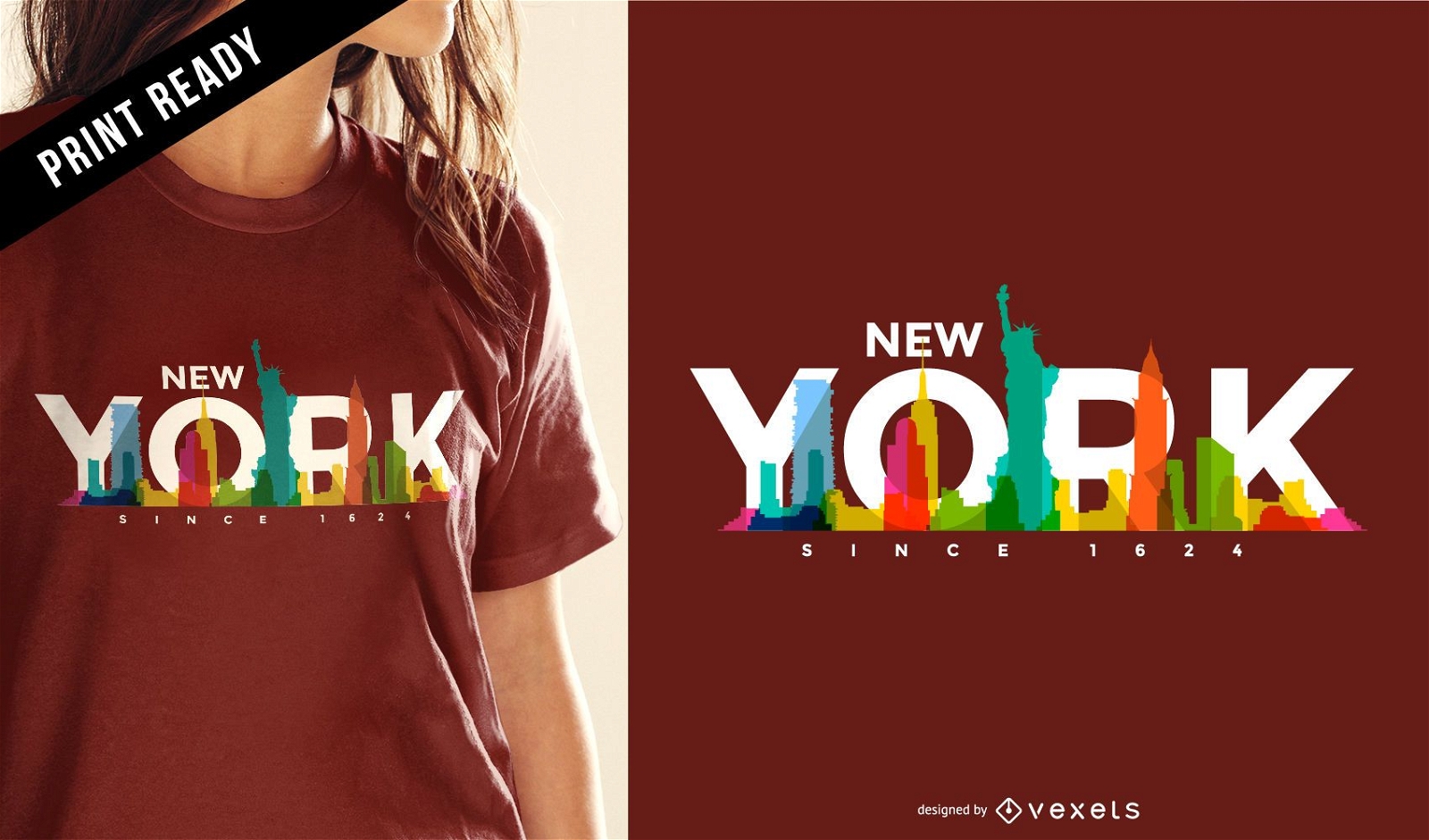 Design colorido de camisetas com o horizonte de Nova York