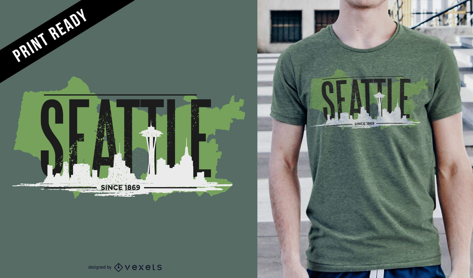 Diseño de camiseta del estado y el horizonte de Seattle