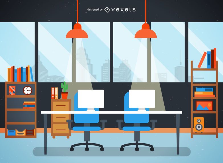 Flat office desk and city illustration Flat office desk and city illustration