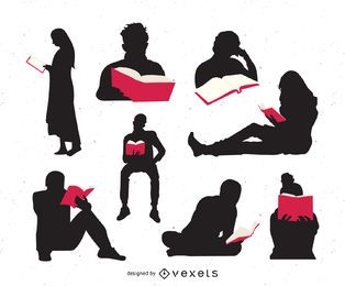 Conjunto de silueta de personas leyendo libros