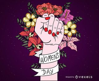 Cartel del día de la mujer con flores y cinta.