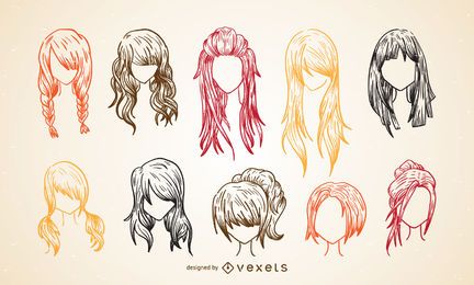 Sistema colorido del bosquejo del corte de pelo de las mujeres Sistema colorido del bosquejo del corte de pelo de las mujeres