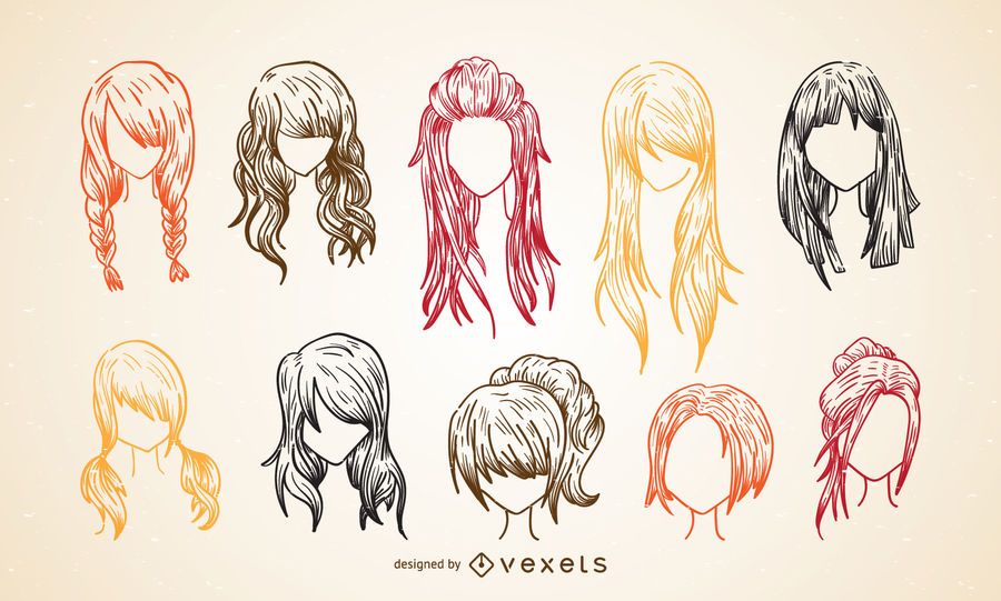 Colorful women haircut sketch set Colorful women haircut sketch set