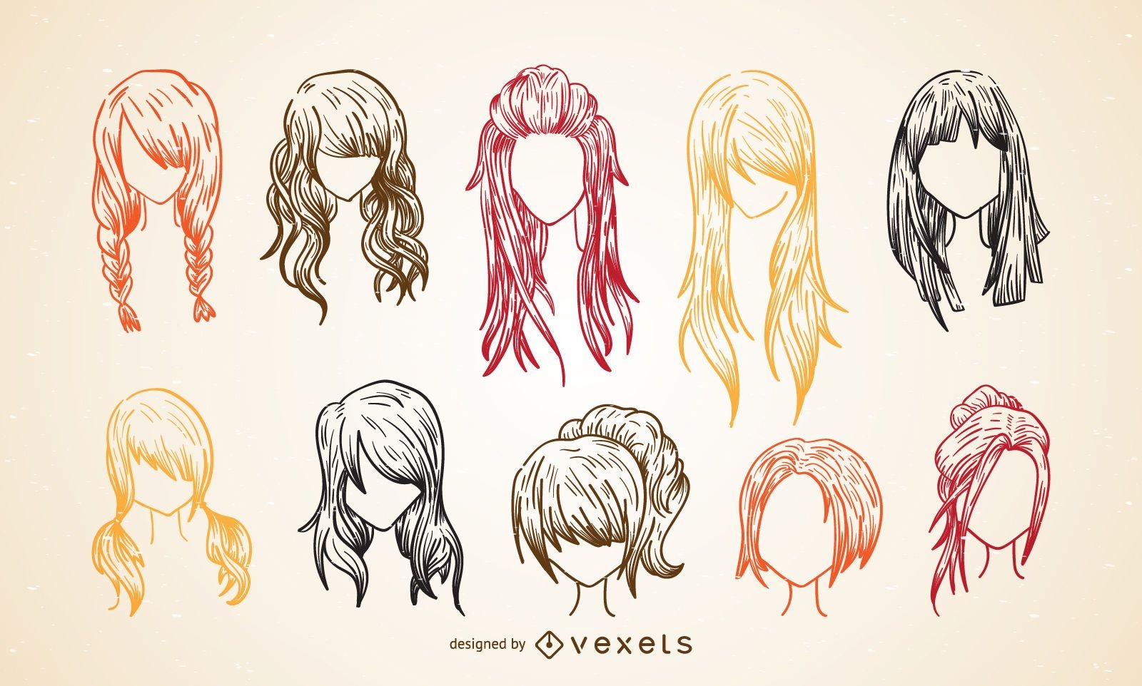 Conjunto de bocetos de corte de pelo de mujeres coloridas