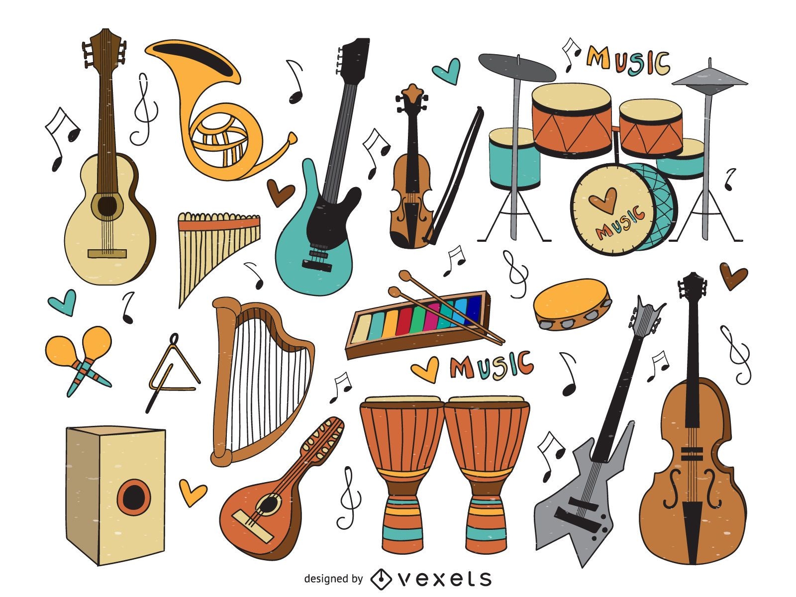Musical instruments cartoons set