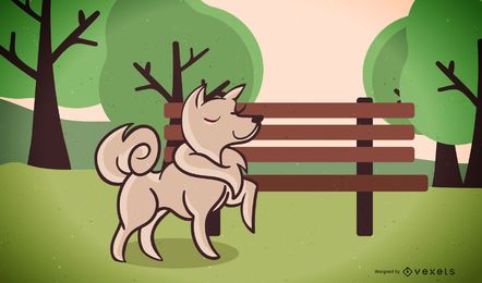 Dog Walking In Park Vector Illustration