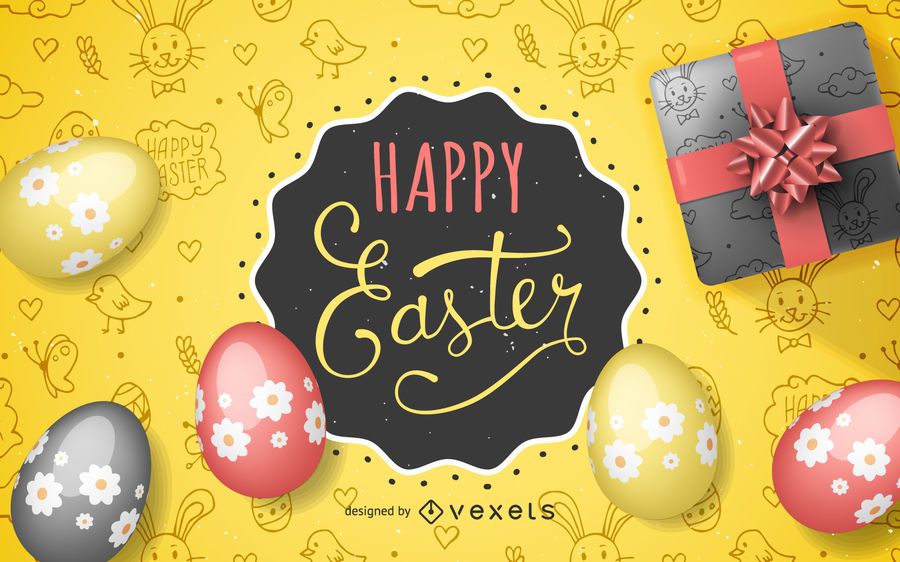 Happy Easter Background with eggs and gifts Happy Easter Background with eggs and gifts