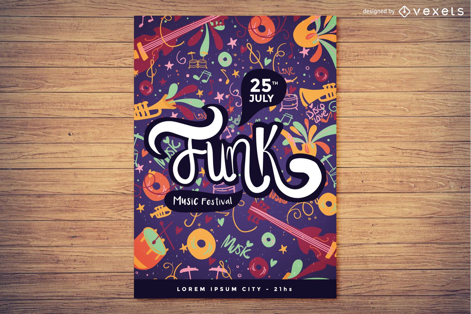 Diseño de cartel de festival de música funk.