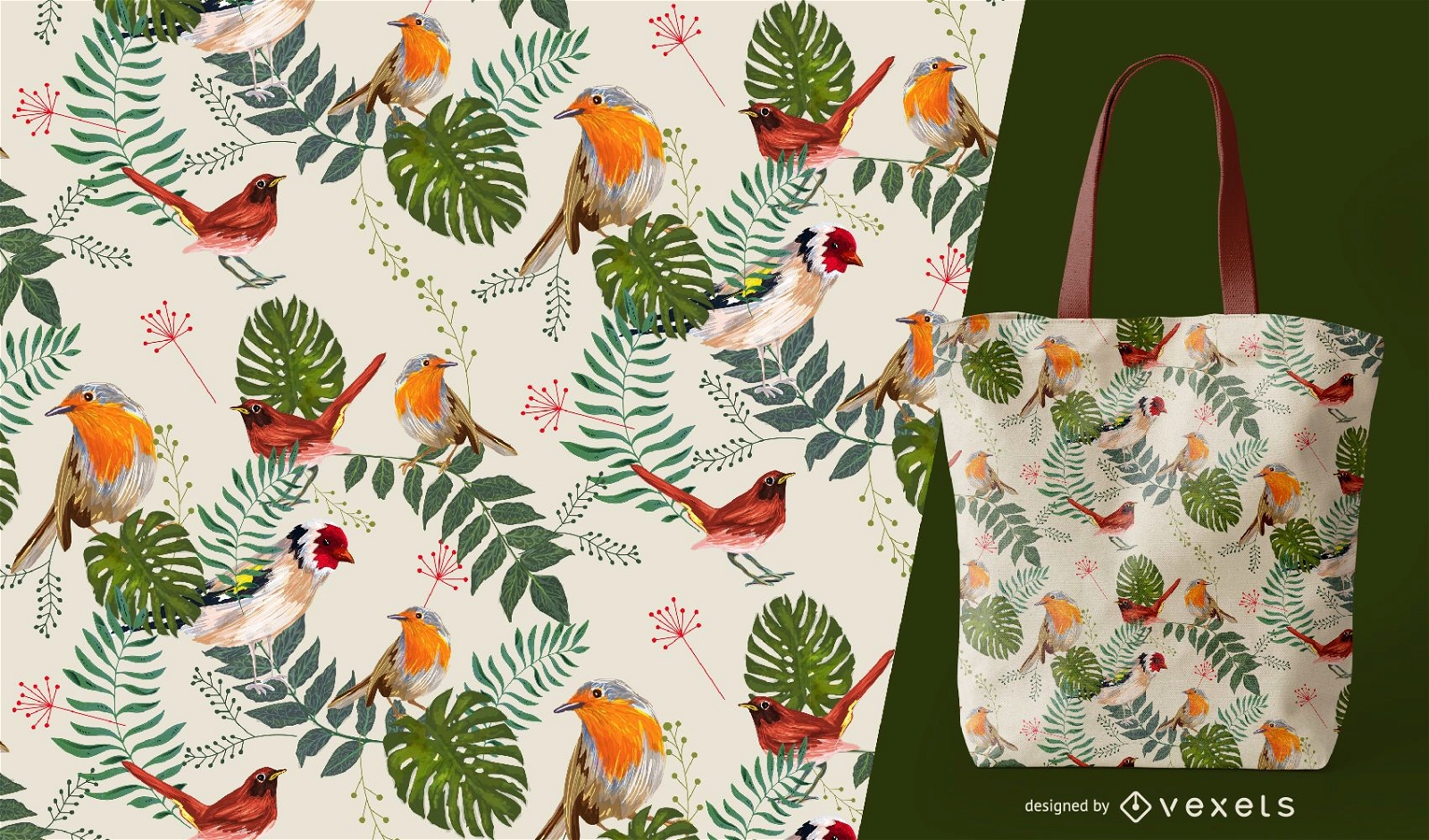 Tropical leaves and birds seamless pattern