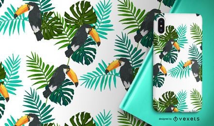 Toucan bird and leaves seamless pattern