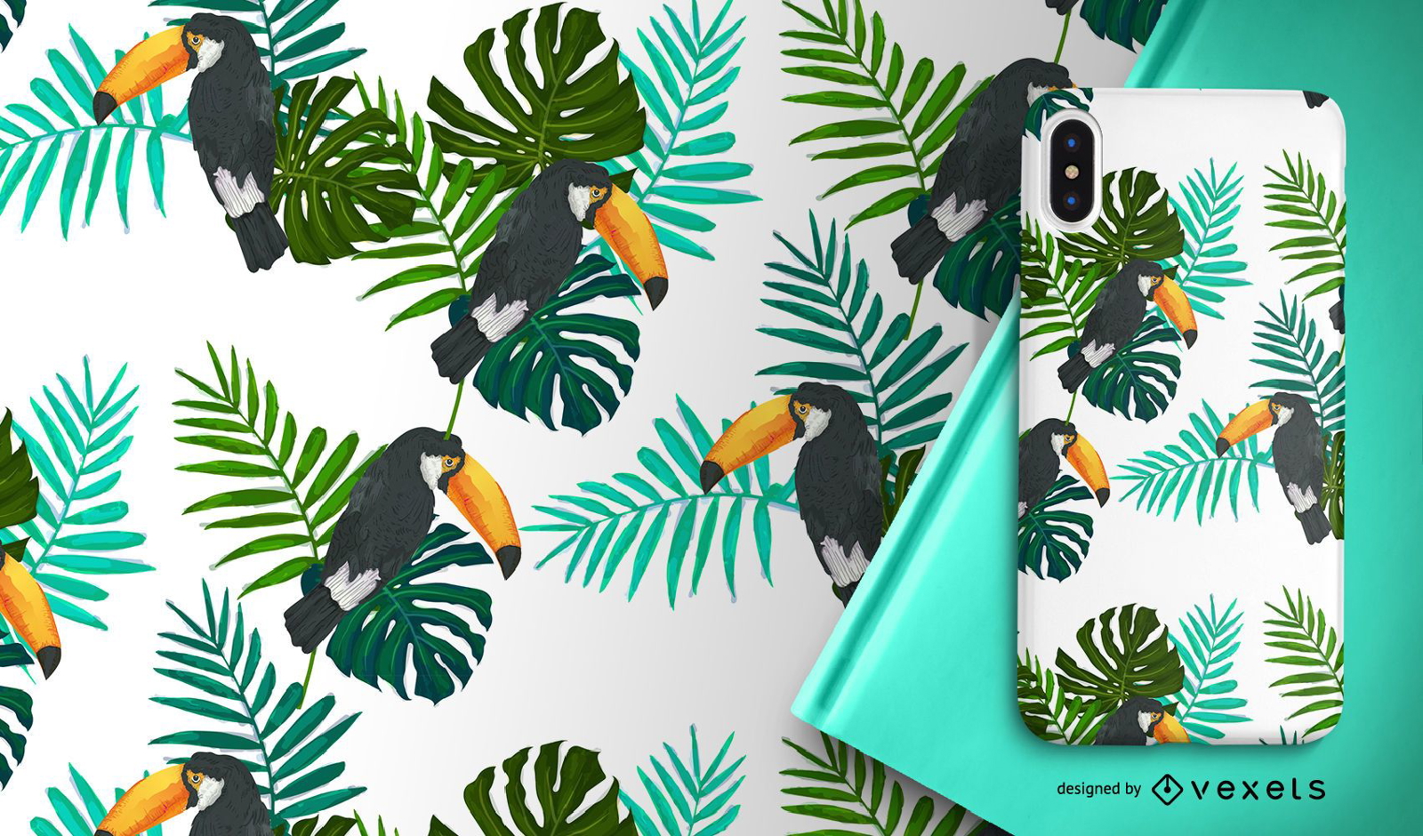 Toucan bird and leaves seamless pattern