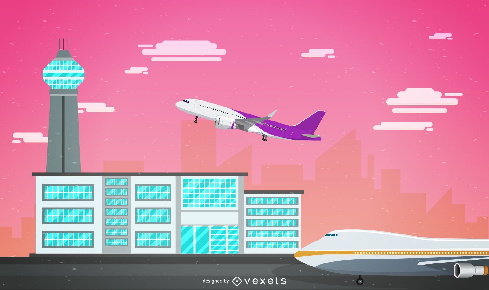 Pink sky airport illustration