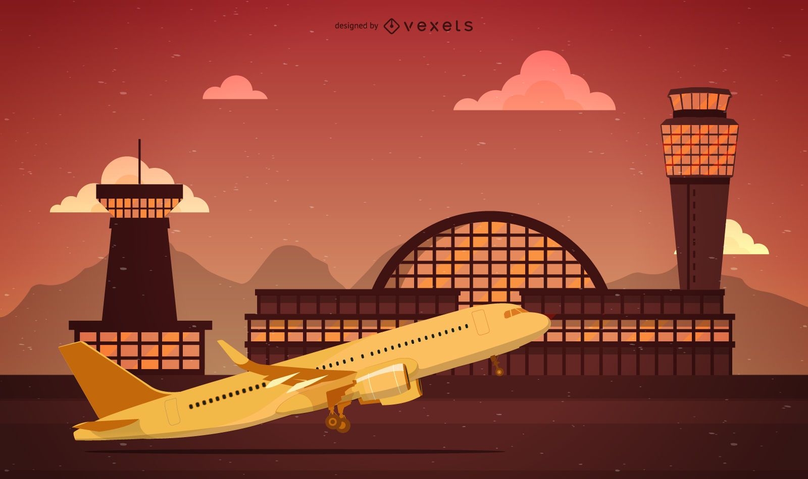 Airport illustration over a sunset