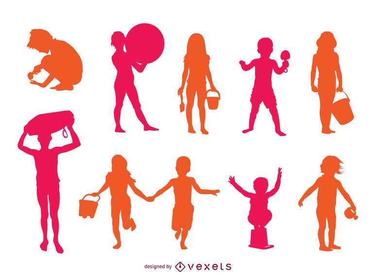Children beach playing silhouette set Children beach playing silhouette set