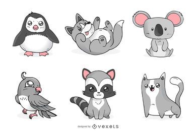 Conjunto de animais fofos monocromáticos