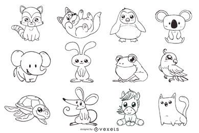 Conjunto de ilustraciones de contorno de animales lindos Conjunto de ilustraciones de contorno de animales lindos