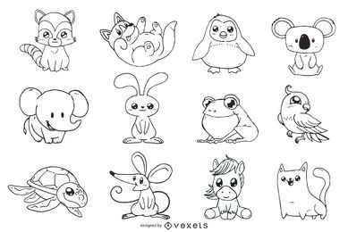 Cute animals outline illustrations set