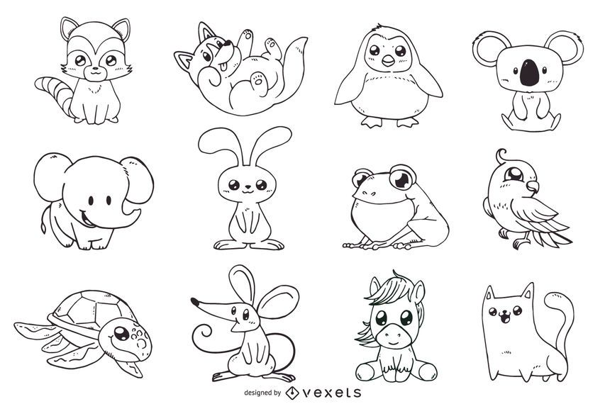 Animais fofos contorno conjunto de ilustrações Animais fofos contorno conjunto de ilustrações
