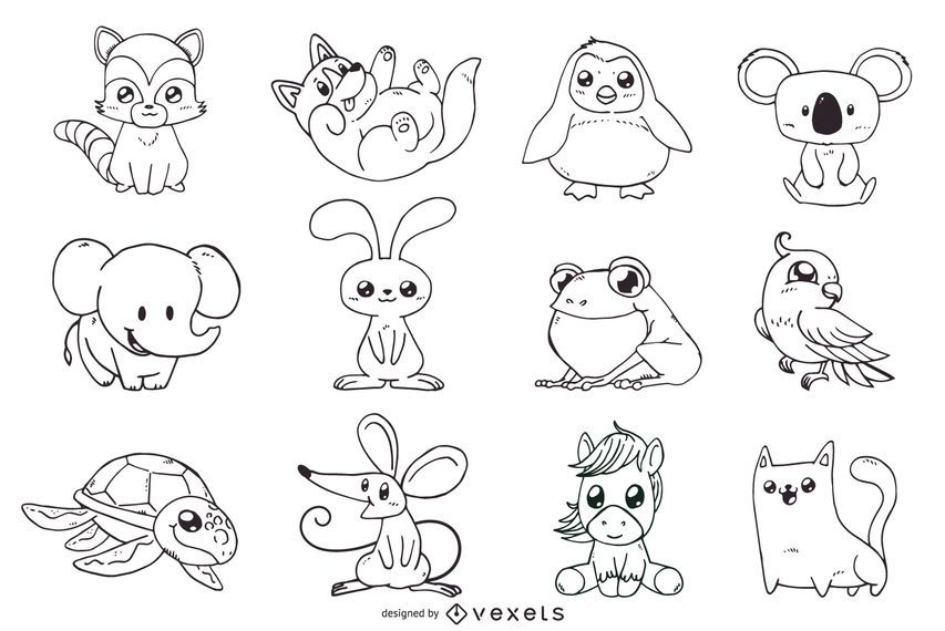 Cute Animals Outline Illustrations Set - Vector Download