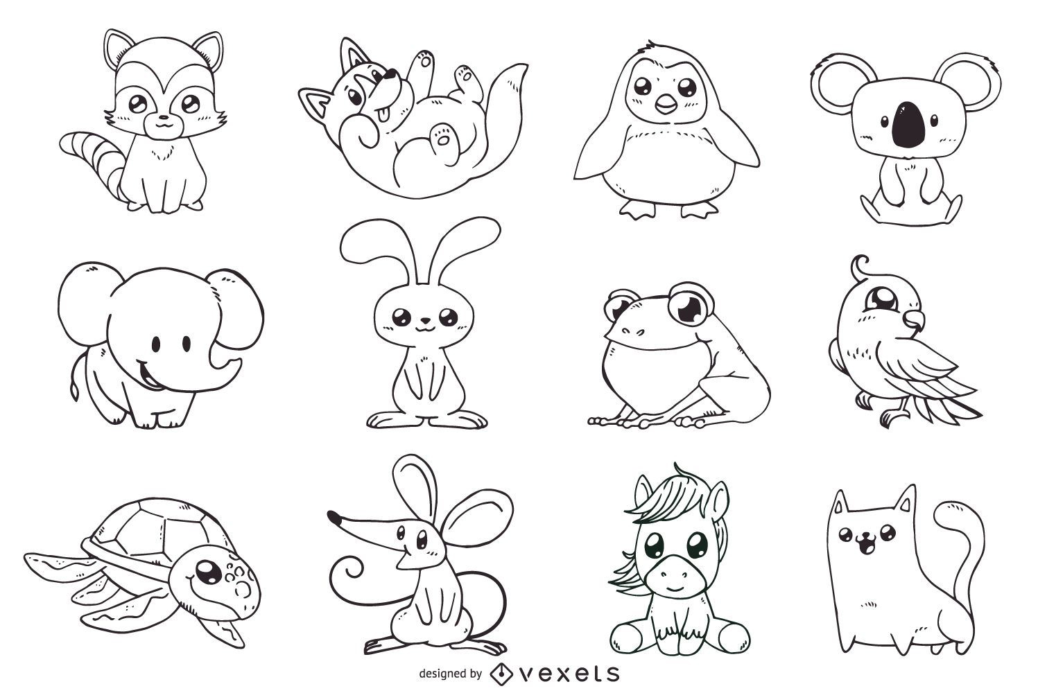 Cute animals outline illustrations set