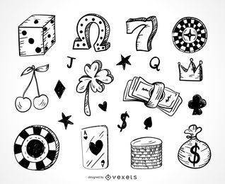 Casino gambling icons doodle set