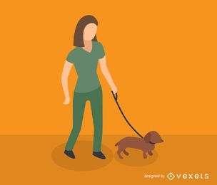 Icono isométrico de mujer paseando a perro
