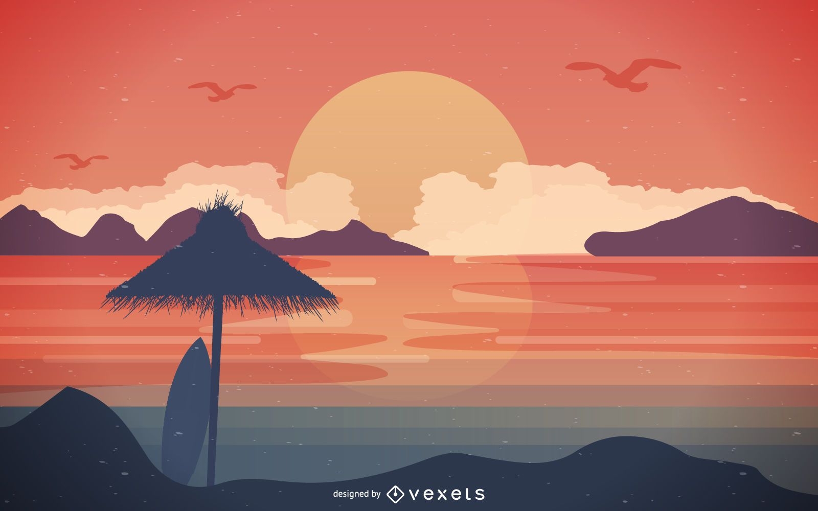 Beach skyline on sundown illustration