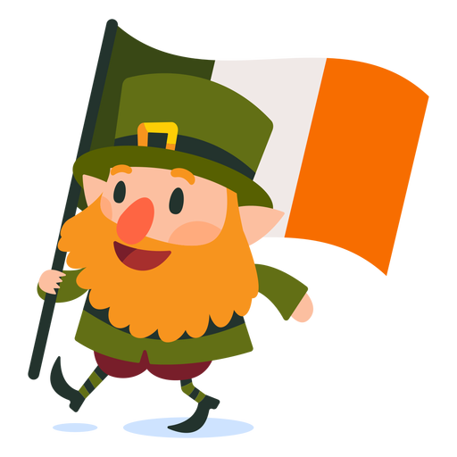 Leprechaun carrying irish flag cartoon