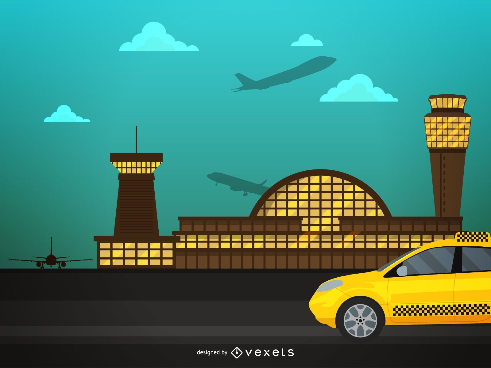 Ilustração de aeroporto e táxi