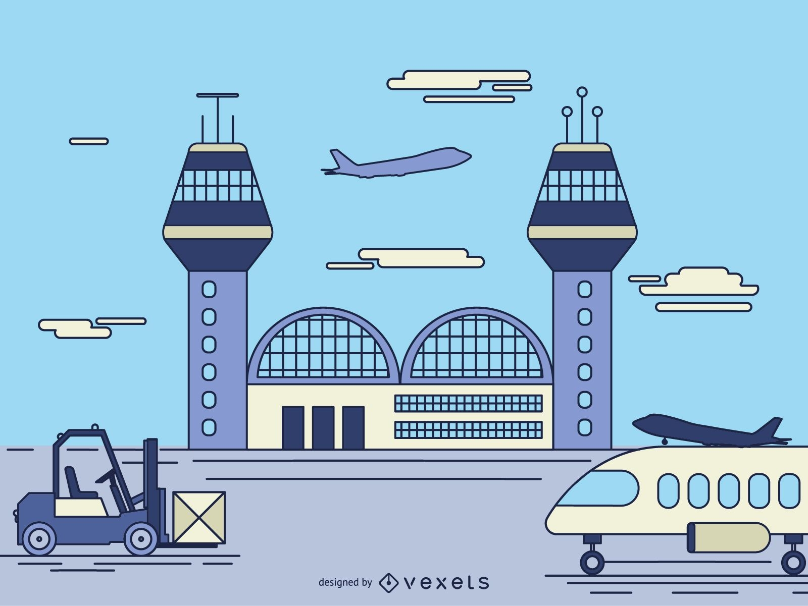 Ilustração dos desenhos animados da instalação do aeroporto
