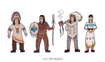 Native american characters doodle set
