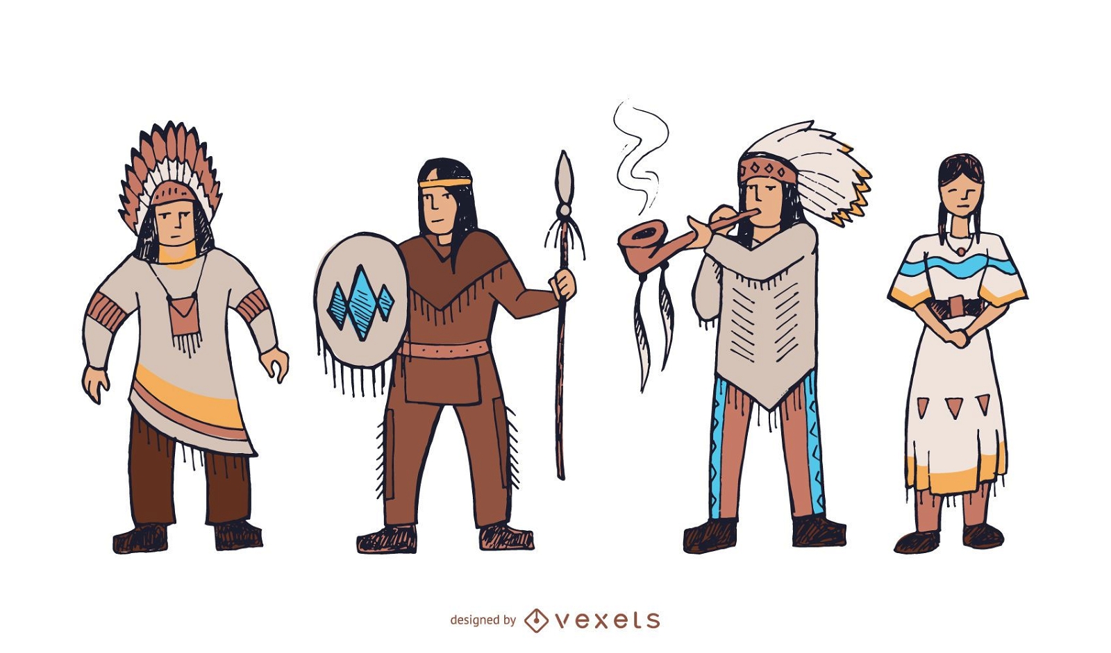 Conjunto de doodle de personagens nativos americanos